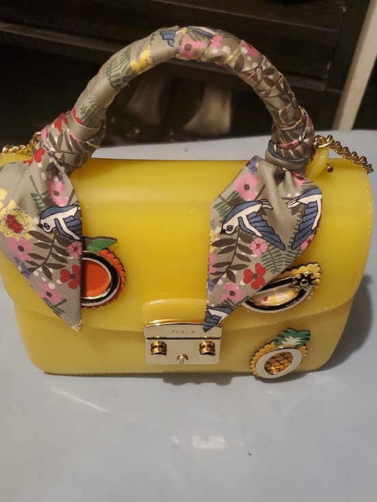 Furla Handbags - Furla Yellow Jelly Top-Handle Satchel with Floral Scarf and Pineapple Charms